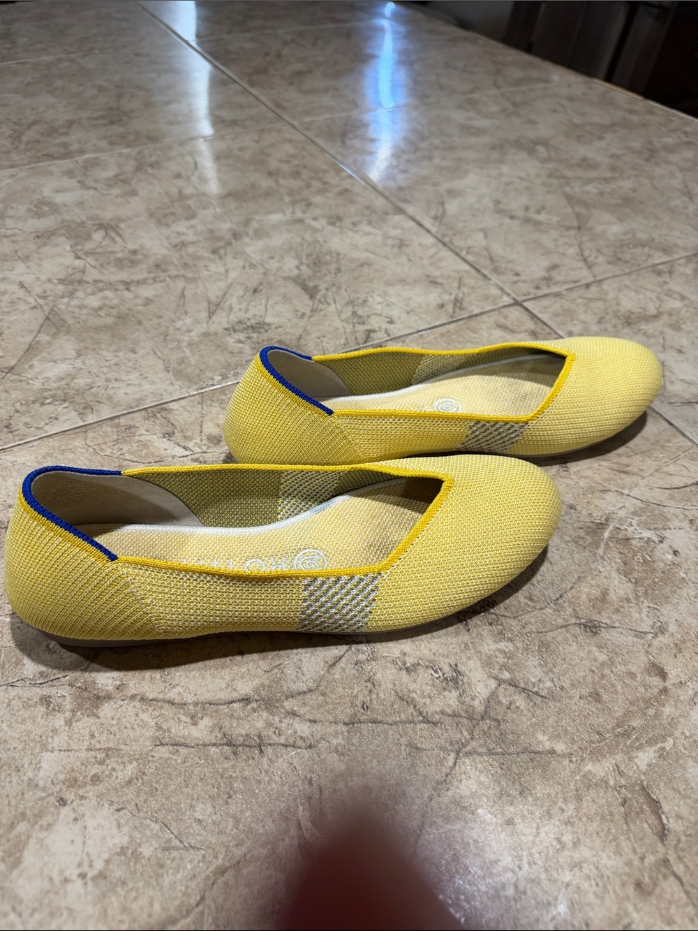 Rothy's Yellow Knit Slip-On Ballet Flats with Blue Trim